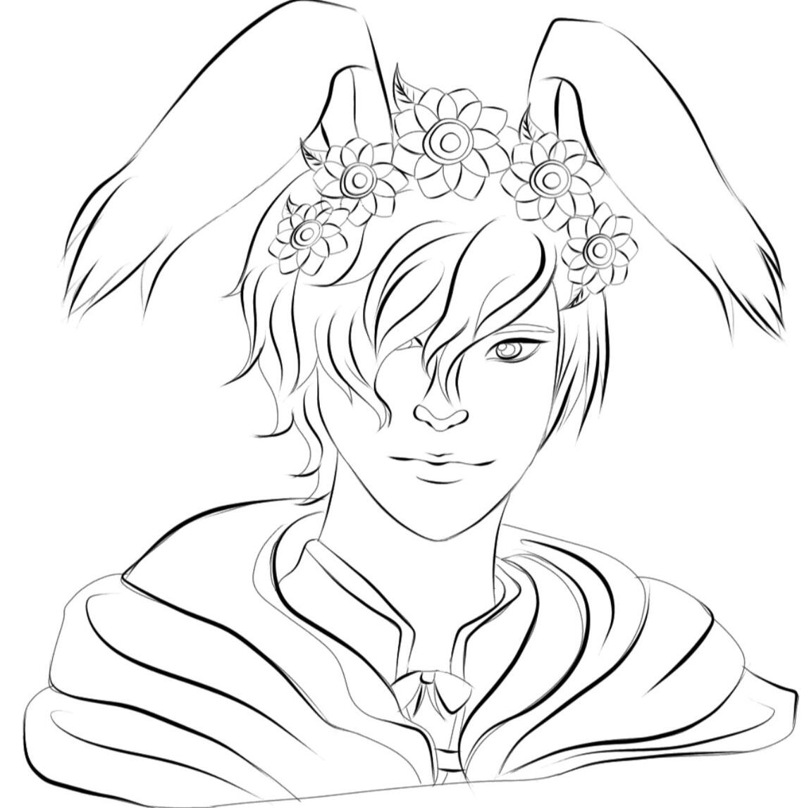 A male Viera with short curly hair and floppy ears smiles at the camera. He is wearing a cloak and a flower crown.