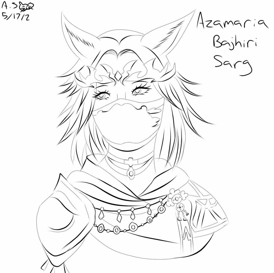 Azamaria is a Miqo'te with short wispy hair. She is wearing a crown a face mask, and light armor with a cloak. There is beading draped across her clothed chest.