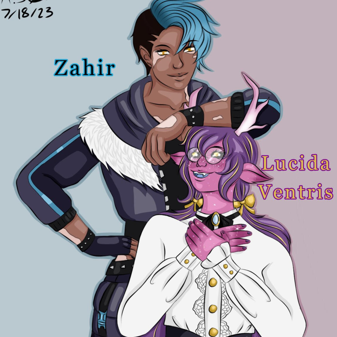 Lucida is Novavorne. They have pink/purple skin and antlers and yellow eyes. Their hair is long with bangs and it is purple with golden highlights. Zahir is a male fiend with dark tanned skin and vitiligo patches around his eyes