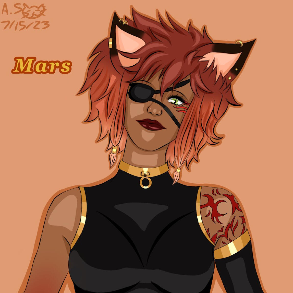 Mars is a muscular tanned Neko with firey short red hair and green eyes. They have an eyepatch on one eye, and they are wearing a black sleeveless turtleneck with gold trim. They have a red tribal tattoo on their left arm.