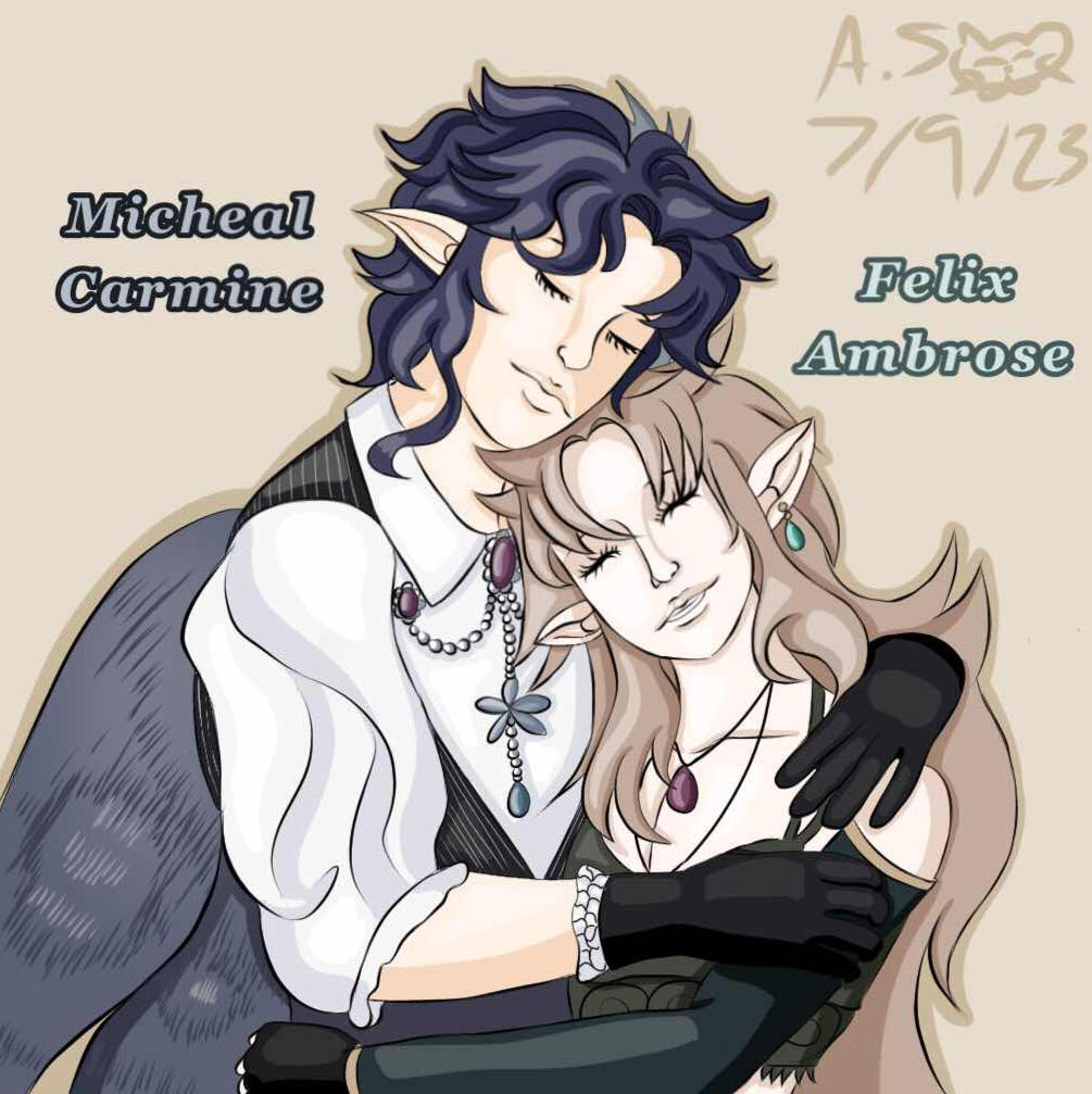 Michael Carmine is a tall pale vampire moth with short curly dark steel blue hair and wings. He has Felix, a pale high-elf with long wavy blonde hair, wrapped in his arms. His head rests on Felix's.