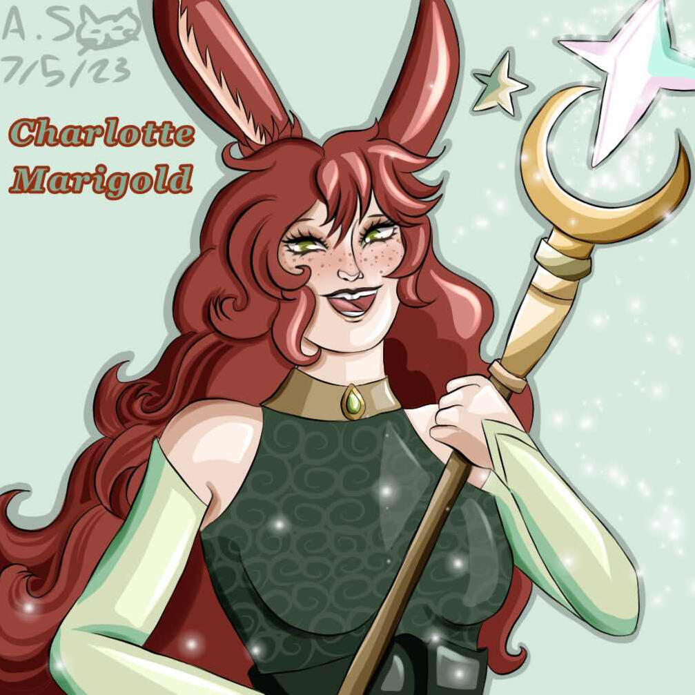 Charlotte is a Viera with long curly red hair and green eyes. She is wearing a green sleeveless turtleneck with light green arm warmers. She is holding a golden staff with a crescent moon and a white star at the top.