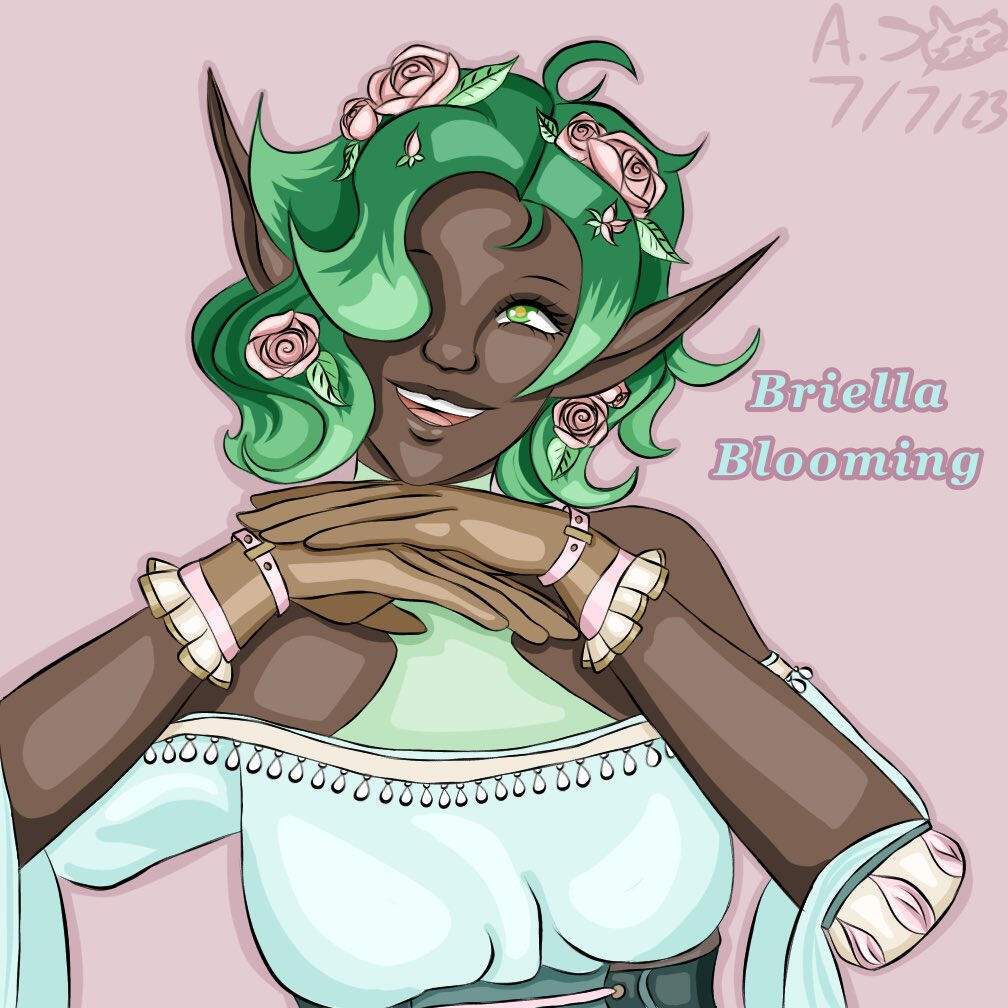 Briella is an Eladrin Elf. She has dark brown skin, green eyes, and short green hair with pink roses tucked into it. She is wearing a spring green sleeveless turtleneck and a light blue shoulderless blouse with pink beaded trim.
