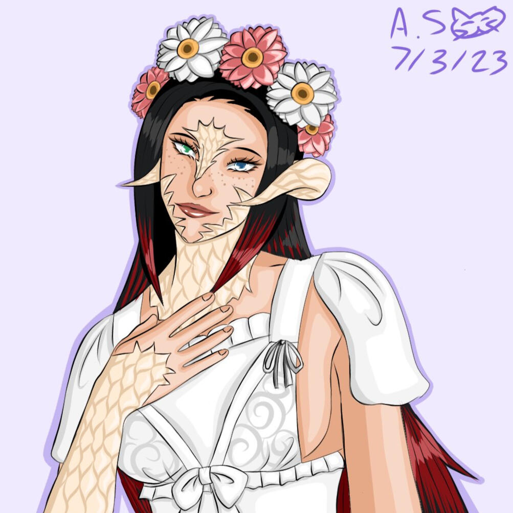Sylvia is a Raen Au Ra with white skin and scales, long straight black hair, and one blue eye and one green. She is wearing a pink and white flower crown and a white dress. She is holding her hand to her chest.