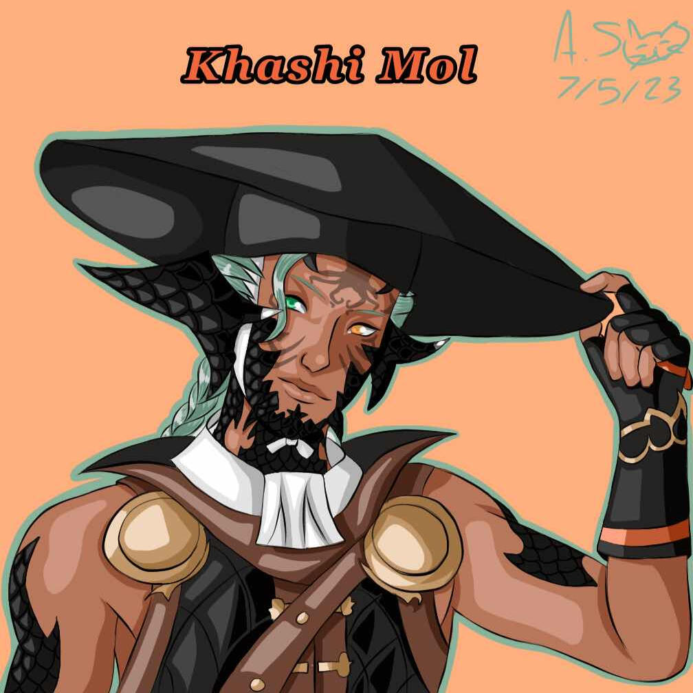 Khashi is a Xaela Au Ra with tanned skin, light teal hair, and one teal eye and one orange. He is wearing black and leather armor with gold accents and a large black Kasa (hat).