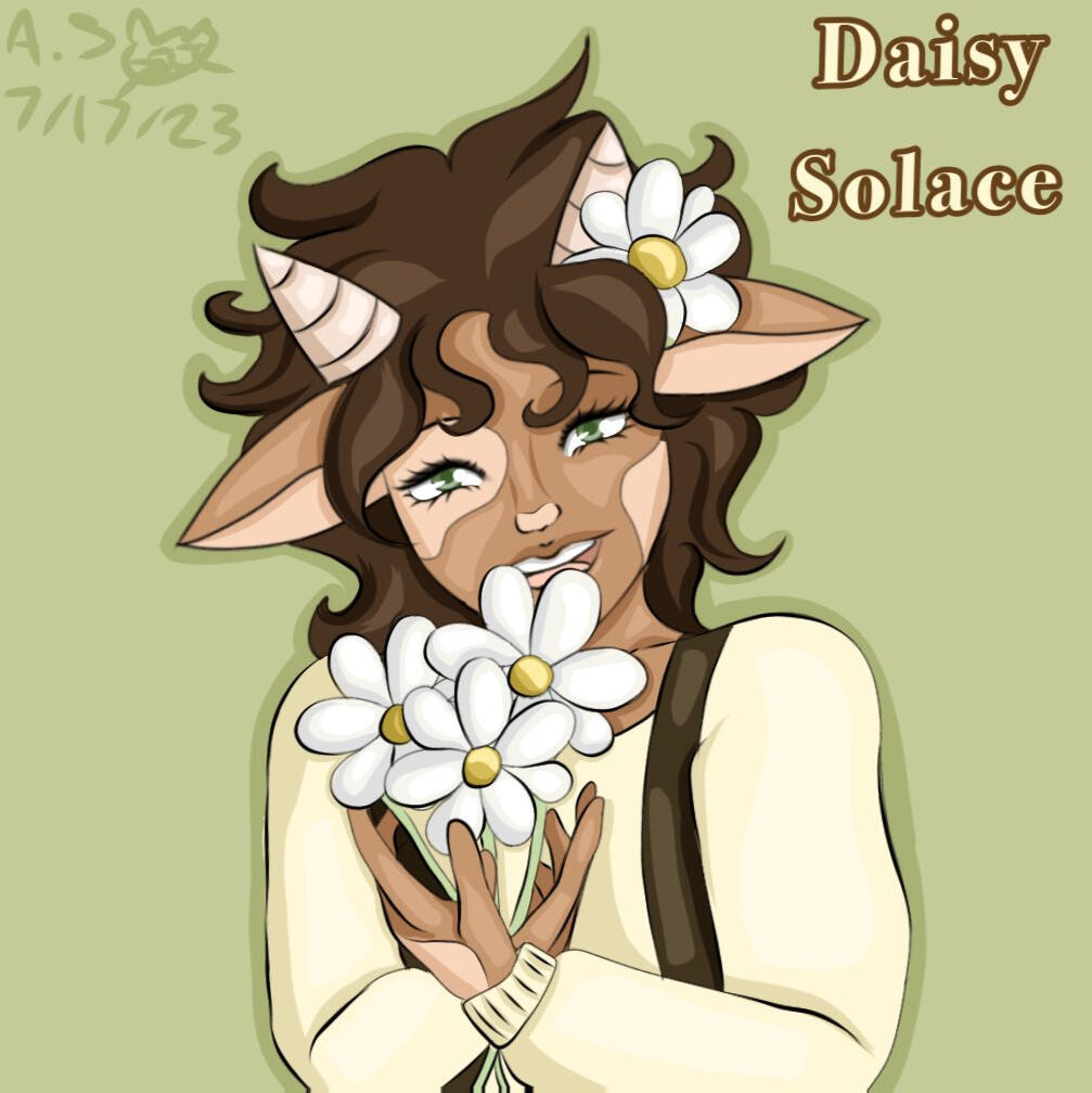 Daisy is a 9-year-old Saytr. She has tan skin with lighter vitiligo patches. on her face and hands. They have green eyes, small cream-colored horns, and short curly brown hair with a daisy tucked behind her ear. She is cradling an armful of daisies.