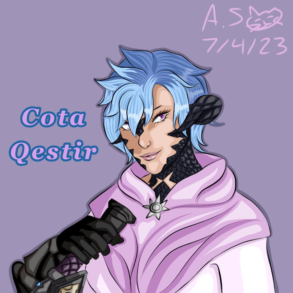 Cota is a Xaela Au Ra with dark scales, pink eyes, and periwinkle hair. She is wearing a pink scarf and holding the hilt of a sword in one hand.