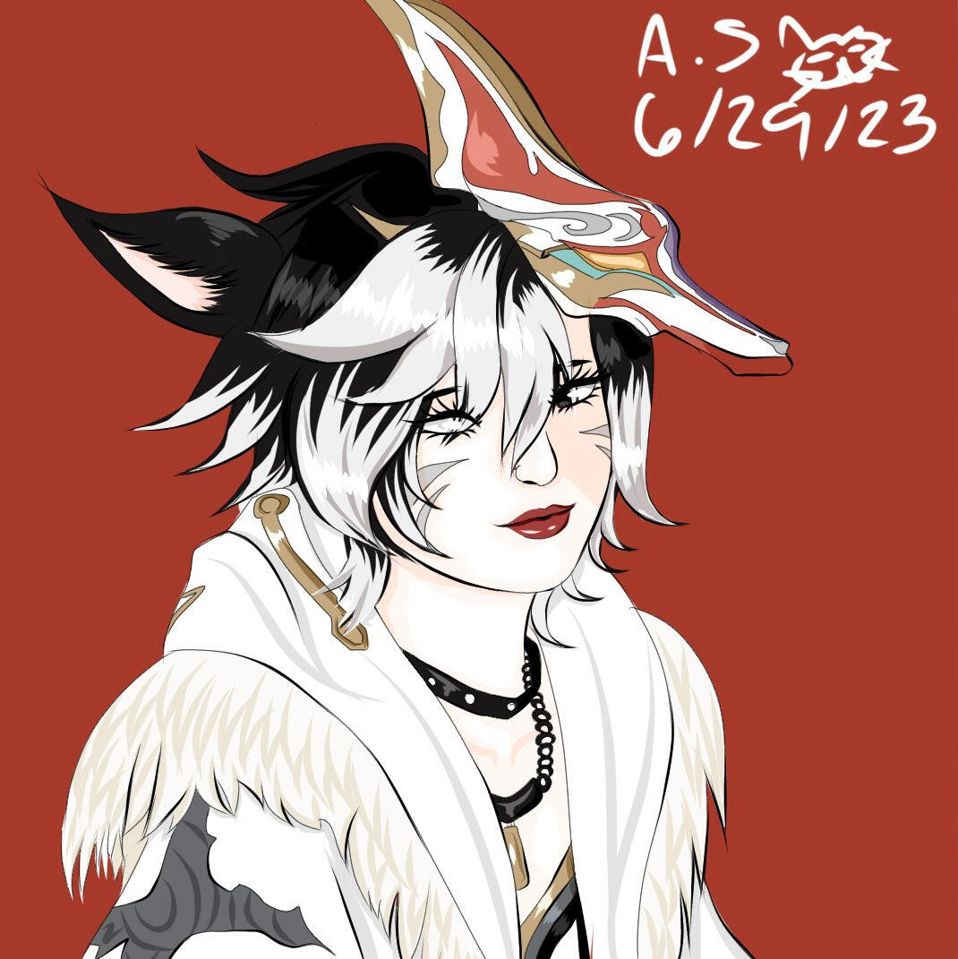 Amaris is a Moonkeeper Miqo'te with pale white skin, and short wispy black hair with white highlights. She has heterochromia. One of her eyes is white eye and one black. She has a painted Kitsune mask on her head and is wearing a white jacket with white fu