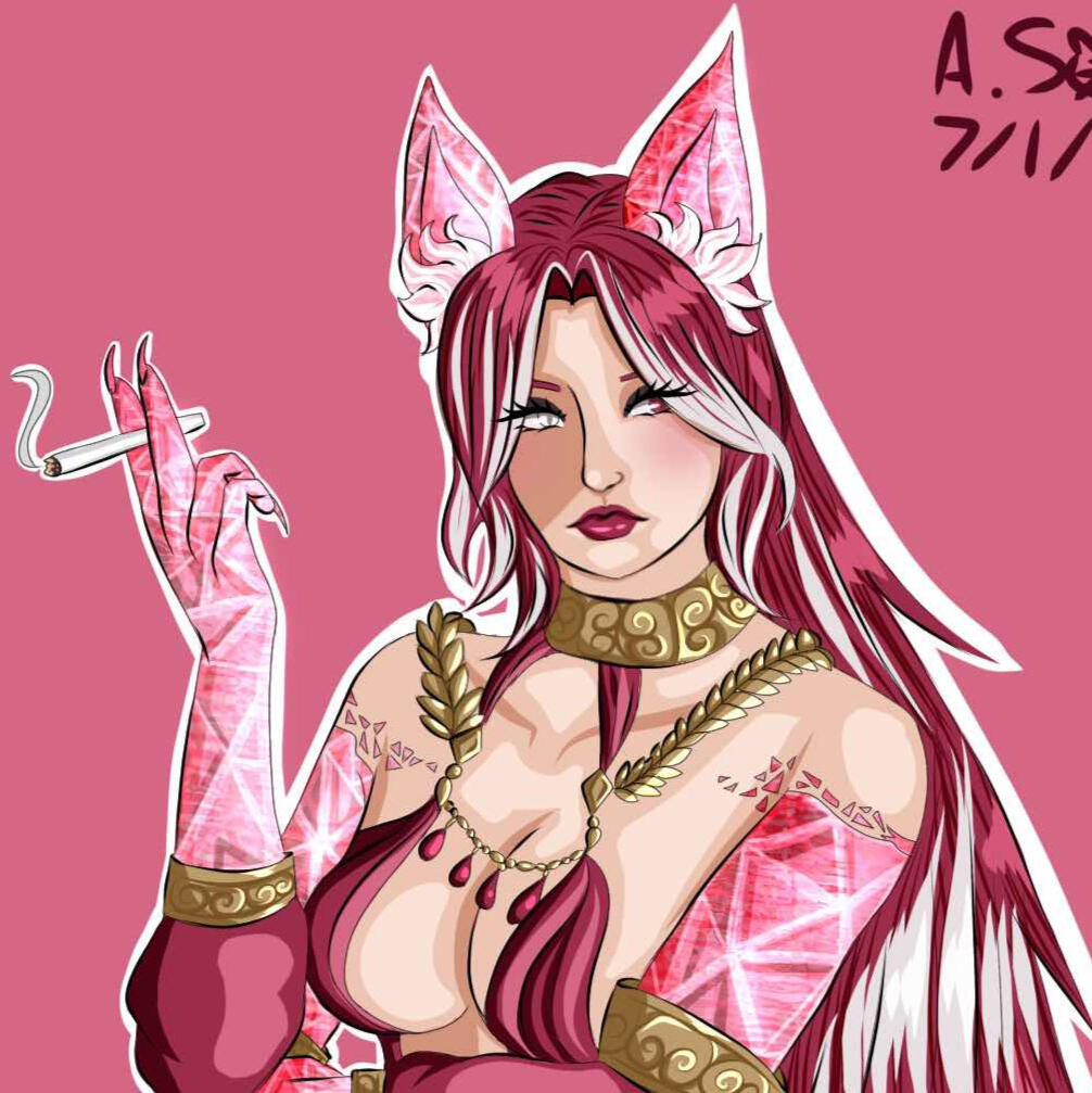 Dia is a Miqo'te with long red hair and white highlights. She has one white eye and one red eye. Her ears and arms are pink crystalline. She is smoking a cigarette.