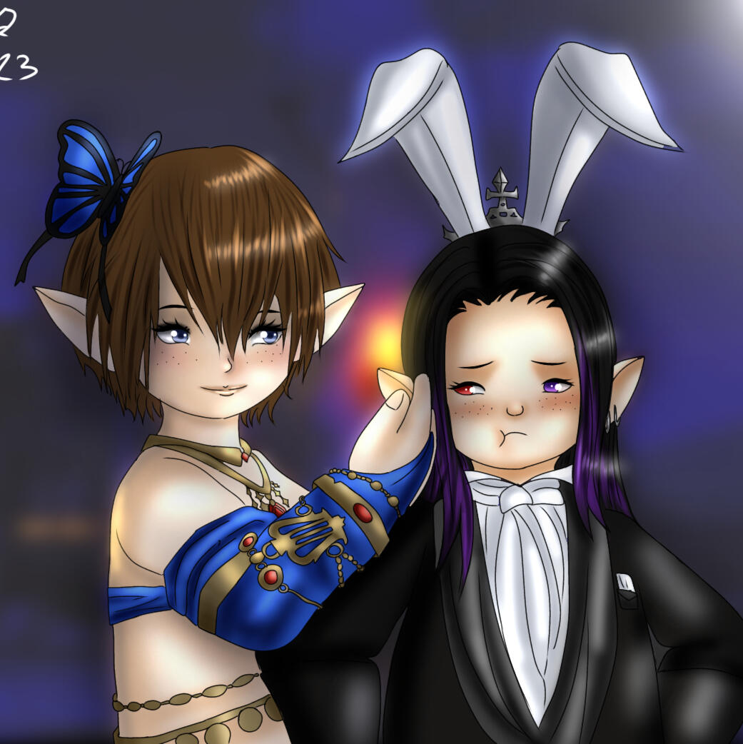 Schierke and Panini are lalafell. Schierke has short brown hair, blue eyes, and she is wearing a blue dancer's outfit. Pan has long black and purple hair. He has one red eye and one purple eye. He is wearing a black suit.