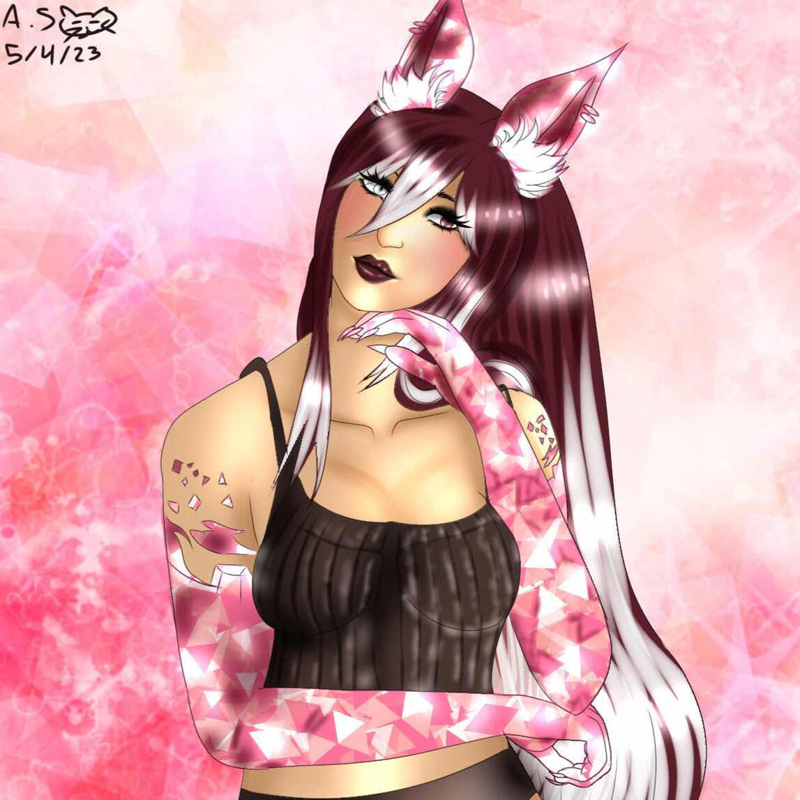 Dia is a Miqo'te with long red hair and white highlights. She has one white eye and one red eye. Her ears and arms are pink crystalline. She is wearing a black tank top.
