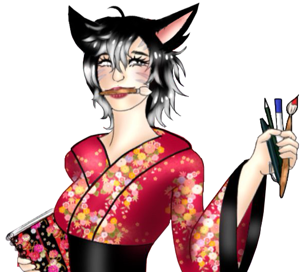 An illustrated portrait of Amaris Shadowsong a Miqo'te female character from FFXIV. She is wearing a red kimono with a floral pattern and holding a sketch book in one arm and art supplies held up in her other hand. There is a paintbrush sticking out of her