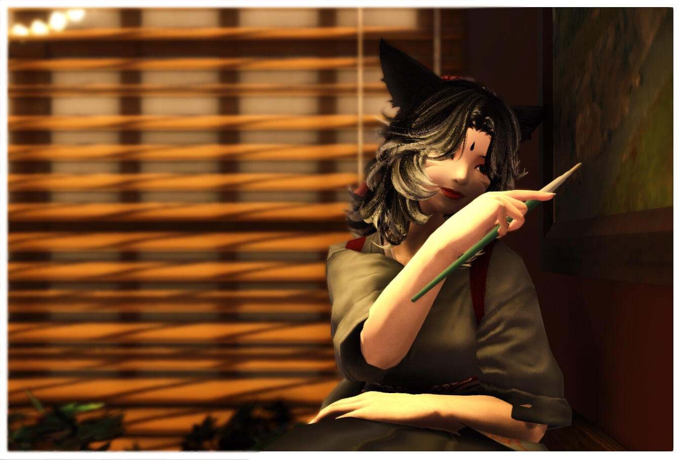 An illustrated portrait of Amaris Shadowsong a Miqo'te female character from FFXIV. She is wearing a red flowing dancer's outfit accented with metallic gold. She is holding her arms out and dancing.