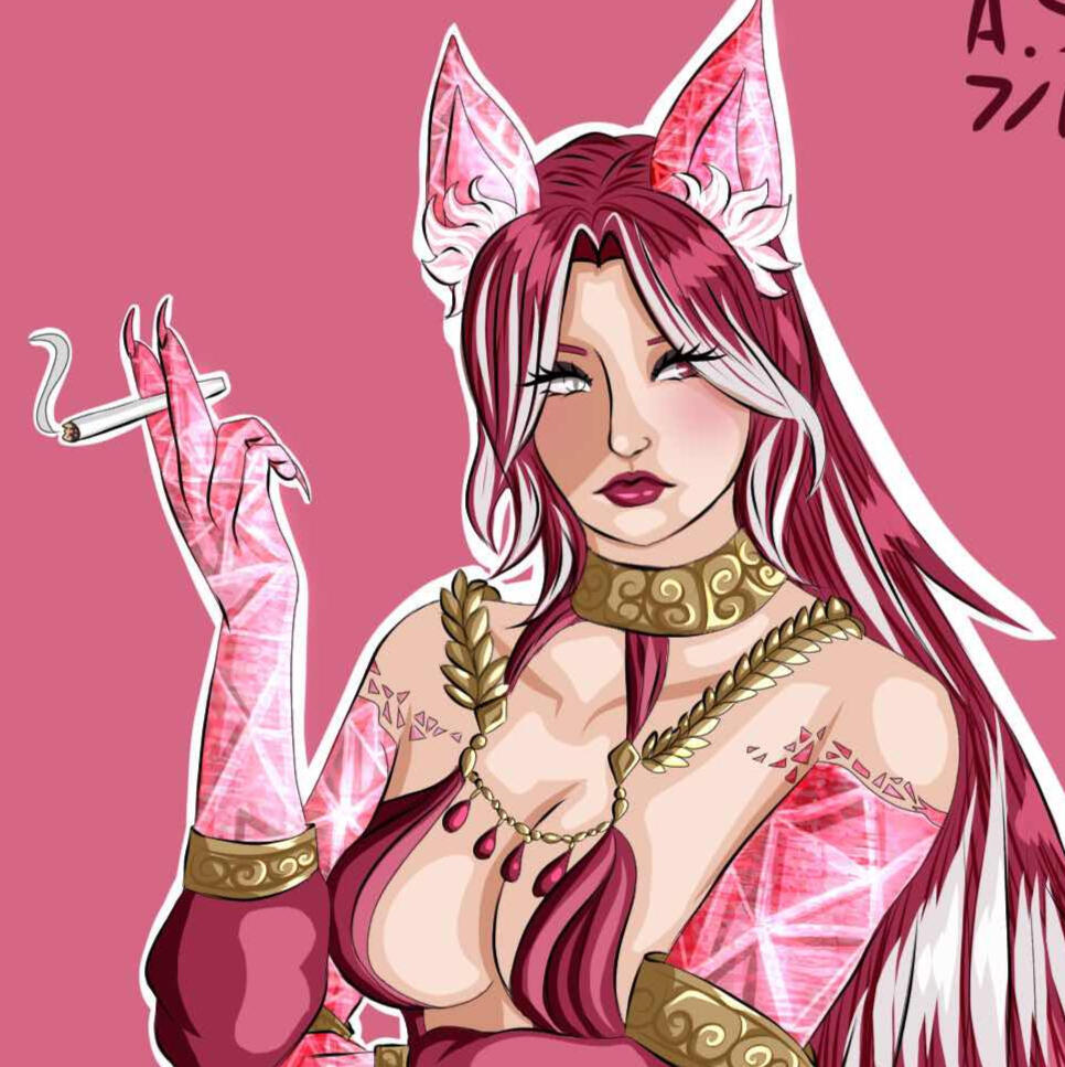 An illustrated portrait of Amaris Shadowsong a Miqo'te female character from FFXIV. She is wearing a red flowing dancer's outfit accented with metallic gold. She is holding her arms out and dancing.