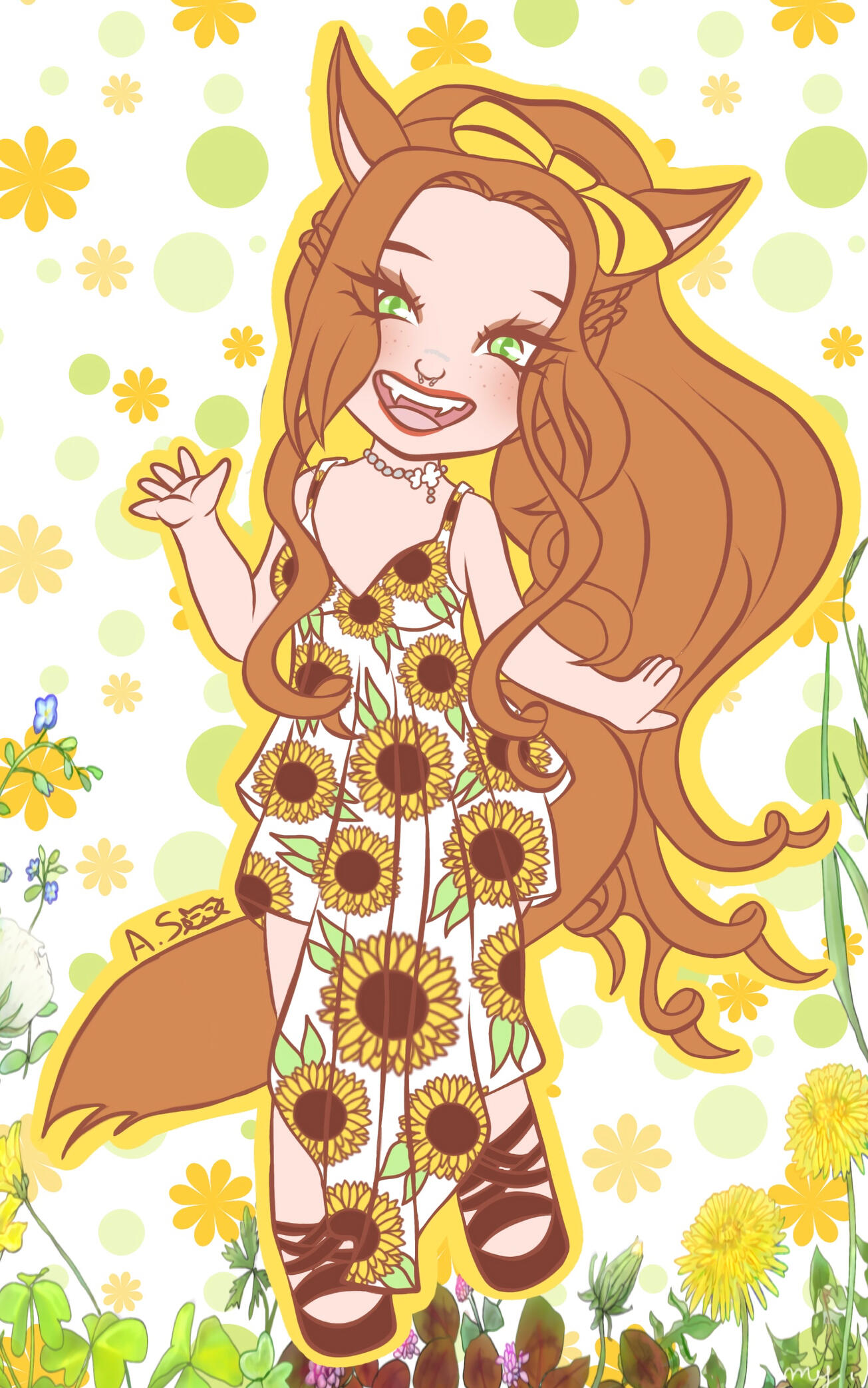 An illustrated portrait of Amaris Shadowsong a Miqo'te female character from FFXIV. She is wearing a red flowing dancer's outfit accented with metallic gold. She is holding her arms out and dancing.