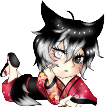 A chibi drawing of Amaris Shadowsong a Miqo'te female character from FFXIV. She is wearing a red kimono accented with an eastern floral pattern. She is laying on her stomach with her head in her hands.