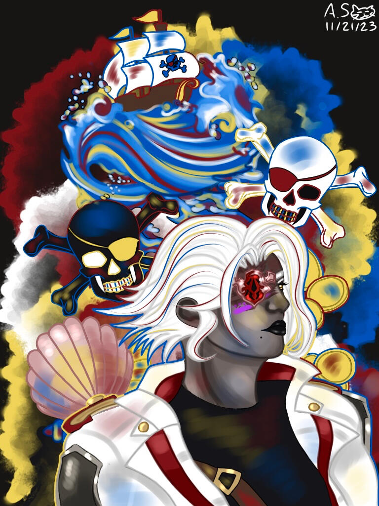 An illustrated portrait of Amaris Shadowsong a Miqo'te female character from FFXIV. She is wearing a red flowing dancer's outfit accented with metallic gold. She is holding her arms out and dancing.